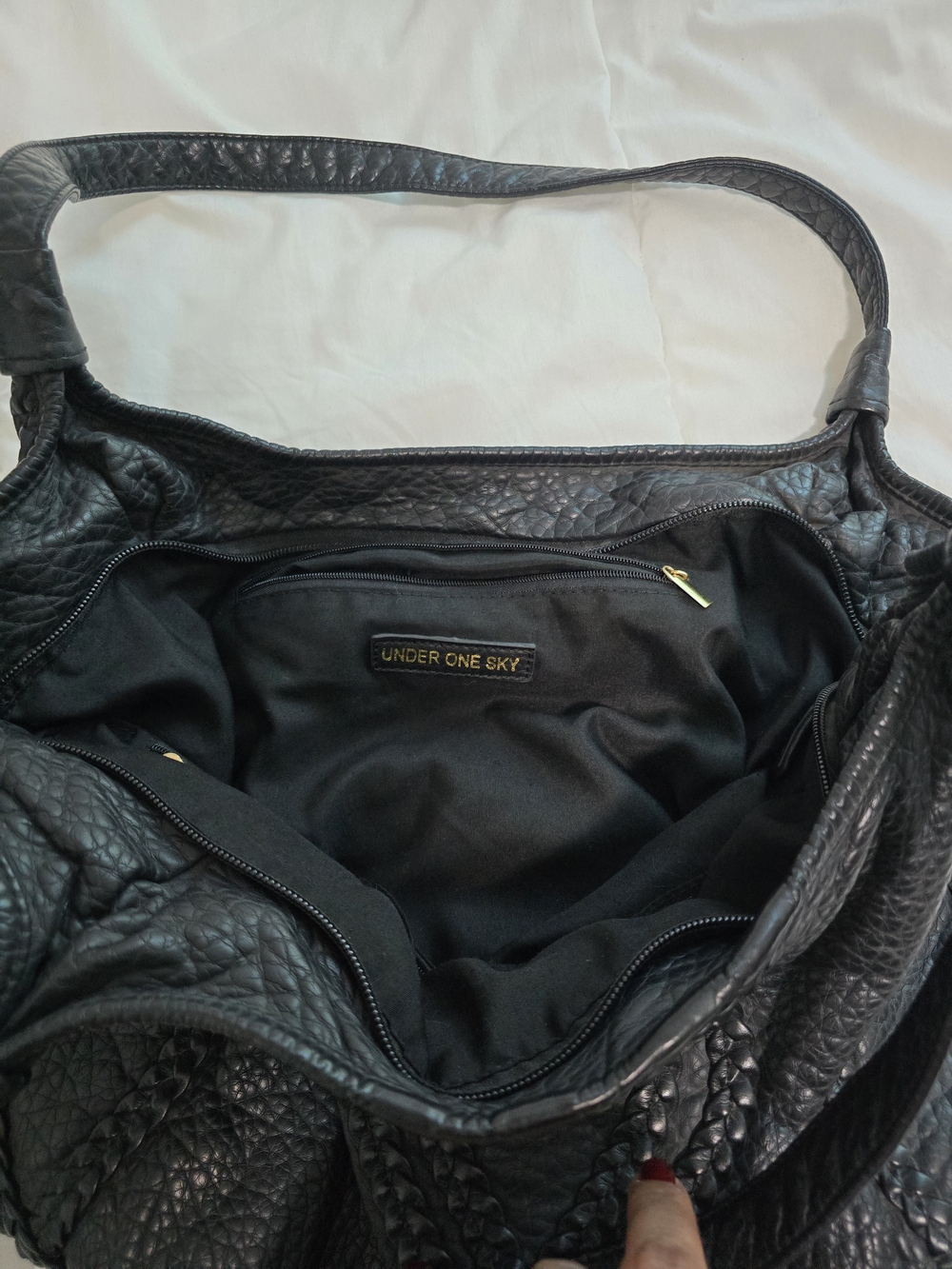 Under One Sky Black Textured Leather Shoulder Bag with Gold Zipper Accents